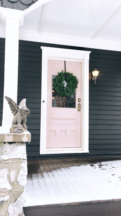 Pink front door Black house Rose Colored Front Door, Grey House With Pink Door, Navy House Pink Door, Gray House Pink Front Door, Pink Door Black House, Grey House Pink Front Door, Black House With Pink Door, Pink Door Blue House, Pink Front Door Black House