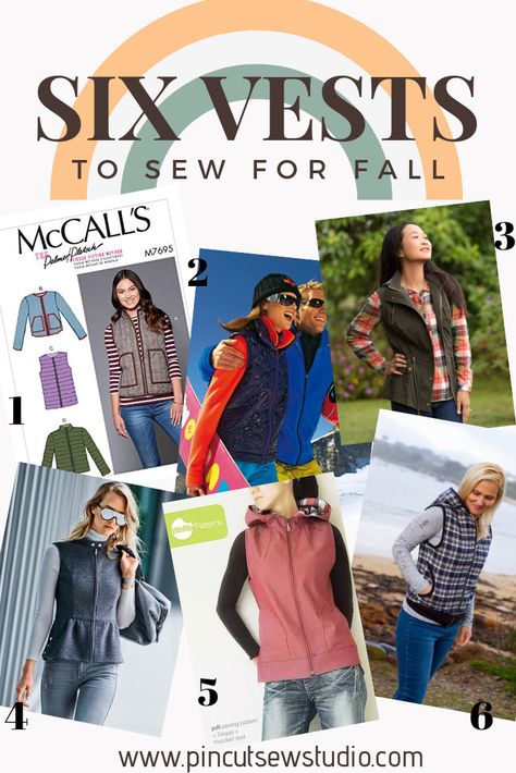 I’ve found my six favorite Fall vest sewing patterns and put them in one handy place! come see the six vests you should sew for Fall and get fabric suggestions to go with them! || PIn Cut Sew Studio #fallsewing #vestpatterns #outerwear #diyfashion Sewing Vests Women, Women's Vest Pattern Sewing Free, Vest Sewing Pattern Womens, Fleece Vest Pattern Free, How To Sew A Puffer Vest, Vest Seeing Pattern Free, Puffer Vest Sewing Pattern, Vest Sewing Patterns, Fleece Vest Pattern