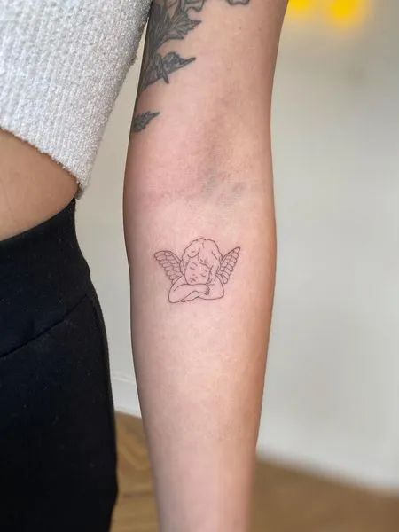 Fine Like Angel Tattoo, Cherub Tattoo Fine Line, One Line Angel Tattoo, Fine Line Cherub Tattoo, Fineline Angel Tattoo, Fine Line Cherub, Fine Line Tattoo Angel, Angel Fine Line Tattoo, Angel Line Art Tattoo