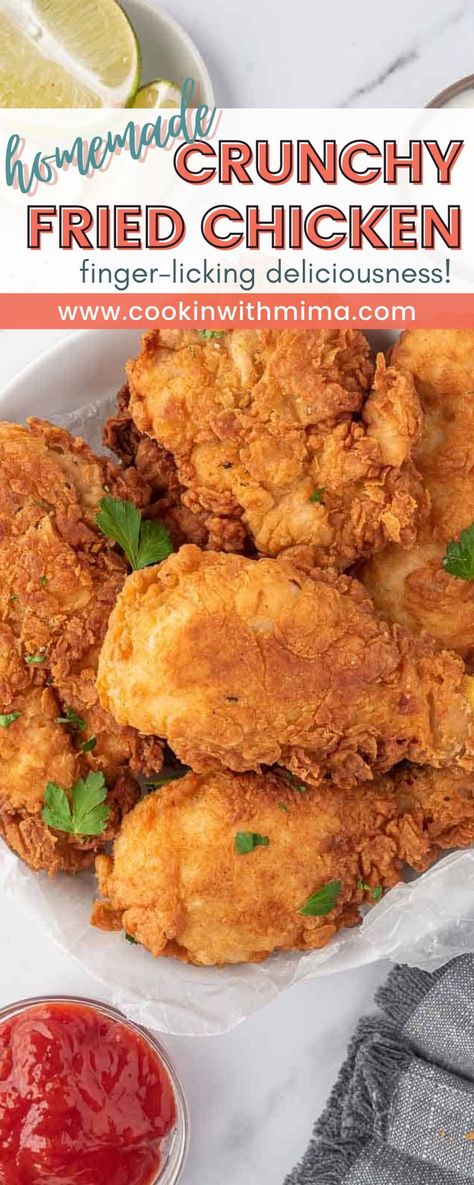 Crunchy Fried Chicken, Chicken Appetizer Recipes, Fried Chicken Ingredients, Easy Fried Chicken, Cooking Fried Chicken, Bone In Chicken Recipes, Fried Chicken Recipe Southern, Making Fried Chicken, Bone In Chicken