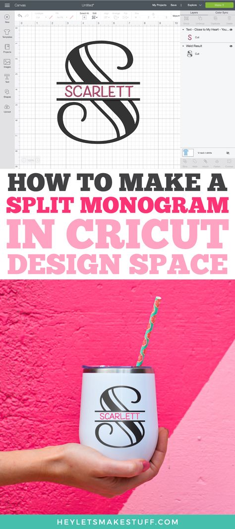 A split monogram is a classic way to personalize just about anything, from totes to tees to tumblers! This tutorial shows you how to create a split monogram in Cricut Design Space with any font—it's easy! Monogram Cricut Free, Diy Cricut Tumblers, Monogram Fonts Cricut, Monograms For Cricut Free, Monogram On Cricut, Tumbler Cricut Designs, How To Make Monograms With Cricut, Personalized Tumbler Ideas, Cricut Monogram Free Svg