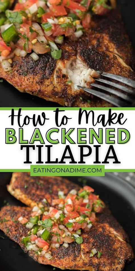 Looking for easy fish recipes? Try this quick and easy blackened tilapia recipe made on the stove top. It is amazing! In just 6 minutes dinner is done with this homemade pan fried blackened tilapia recipe. #eatingonadime #fishrecipes #seafoodrecipes #blackenedrecipes Talapia Ideas Stove Top, Grilled Tilapia Recipes, Seafood Night, Frozen Tilapia, Fried Tilapia, Blackened Tilapia, Grilled Tilapia, Tilapia Recipe, Bariatric Meals