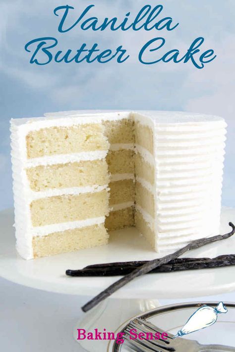 This is the quintessential vanilla layer cake. There are a few special touches that make this cake the best vanilla cake you'll ever taste. Learn how to assemble a professional looking layer cake with step by step instructions and a video. #how to #from scratch #homemade #best #moist #perfect #buttercream #bakery style Bakery Style Vanilla Cake Recipe, Bakery Style Vanilla Cake, How To Make Layered Cake, Best Vanilla Layer Cake Recipe, Vanilla Layered Cake, Vanilla Butter Cake Recipe, 4 Layer Cake, Vanilla Layer Cake Recipe, The Best Vanilla Cake