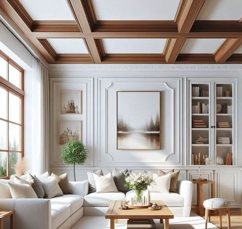 Tray Ceiling Ideas living room Design Trim and Crown molding ideas - wood coffered ceiling in a white living room. Vaulted Ceiling Trim, Tray Ceiling Ideas Living Room, Coffered Ceiling Ideas Living Room, White Tray Ceiling, Ceiling Trim Ideas, Vaulted Tray Ceiling, Faux Coffered Ceiling, Ceiling Ideas Living Room, Tray Ceiling Ideas