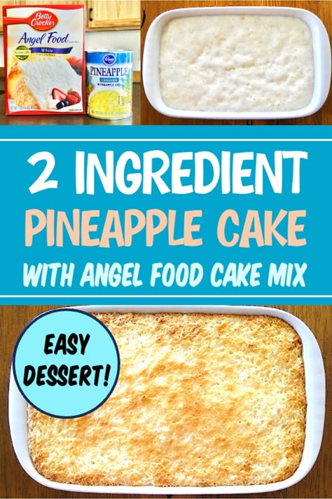 Need some Easy Desserts? You'll LOVE this Pineapple Angel Food Cake Recipe!  It takes just 2 ingredients to make this simple and delicious pineapple cake!  And don't forget to have some whip cream on hand as a tasty topping!  Go grab a can of crushed pineapple, the recipe and give it a try this week! Angel Food Cake With Crushed Pineapple, Angel Food Cake And Crushed Pineapple, 3 Ingredient Pineapple Cake, Crushed Pineapple Recipes Desserts, Angel Food Cake And Pineapple, Angel Food Cake With Pineapple, Simple Dessert Recipes 3 Ingredients, Pineapple Angel Food Cake Recipe, Angel Food Cake Recipes