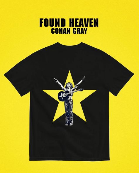 Found heaven merch design ! ⭐️ | design by me! | Black unisex t-shirt featuring Conan Gray on it. @coneworldhq @conangray . #conan #conangray #merch #merchdesign Conan Gray Merch, Merch Design, Conan Gray, Design Design, Unisex T Shirt, Angel, Yellow, Grey, T Shirt