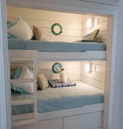 Our bunk beds at the beach cottage.  This was once a storage closet. Coastal farmhouse decor. Bunk Room Ideas, Alcove Bed, Happy Day Farm, Bunk Beds Built In, Built In Bunks, Bunk Rooms, Storage Closet, Bunk Room, Bed In Closet