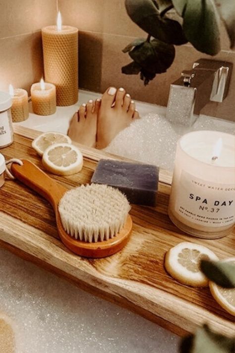 Spa Day Soy Wax Candle from Sweet Water Decor in a candle lit bath | Indulge in self care with our spa collection of candles | Made in the USA Candles | Self Care Sunday | Floral Bath | Bathroom Inspo | Beautiful Bathroom | Bathroom Decor | Farmhouse Bathtub | Modern Bathroom | Self Care Essentials | Relaxation Mode | Lemon and Lavender | Calming Scents | Home Fragrance | Eucalyptus Decor Bath Aesthetic, Water Decor, Lavender Bath Salts, Bubble Baths, Spa Candle, Sweet Water, White Jar, Bath Candles, Bathroom Spa