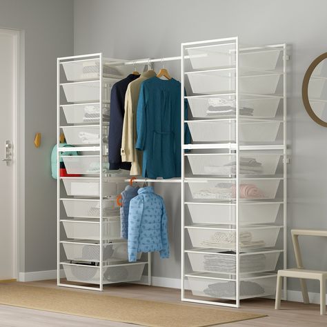 Jonaxel Ikea Ideas, Standing Closet Ideas, Jonaxel Ikea Hack, Free Standing Closet Ideas, Extra Closet Space Ideas, Ikea Jonaxel, Clothes Rail Ikea, Closet Space Ideas, Closet Layouts