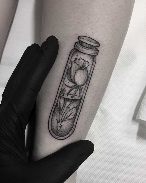 Black and grey rose in a test tube inked on the right calf Test Tube Tattoo, Test Tube Drawing, Test Tube Art, Jar Tattoo Design, Simple Girl Tattoos, Black And Grey Tattoos For Men, Tattoo Placements, Science Tattoo, Science Tattoos