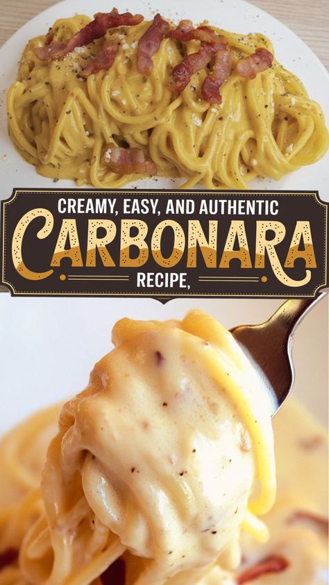 This image showcases a creamy and authentic carbonara pasta, served with crispy bacon and a rich sauce, with a close-up of a forkful of pasta below. The text highlights it as a "Creamy, Easy, and Authentic Carbonara Recipe," appealing to those who want a traditional yet simple homemade carbonara. Perfect for a comforting and indulgent pasta experience. Pasta Carbonara Recipe Creamy, Easy Carbonara Sauce, Creamy Carbonara Pasta, Carbonara Sauce Recipe, Carbonara Recipe Authentic, Authentic Carbonara, Carbonara Pasta Creamy, Carbonara Recipe Creamy, Easy Carbonara Recipe