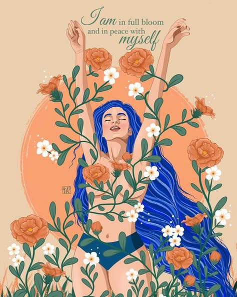 Vicky | Empowering Art & Illustration on Instagram: "To truly heal, is to be in peace with who you are, trying to be the best version of yourself, for yourself. I don’t know if I can post one illustration as entry for two challenges 🙈 so if I’m being wrong or rude please let me know 😅 but this prompt fits so perfectly for both #bloomandgrow2023 and #dearbodyweek I can’t help it. And I think I am slowly getting there with myself. To be truly in peace with who I am and how I am. Recently I read Positive Affirmation Illustration, Love My Body Illustration, Empower Illustration, Affirmation Illustration, Empowering Illustration, Healing Illustration, November Moon, Peace With Myself, I Am Healing