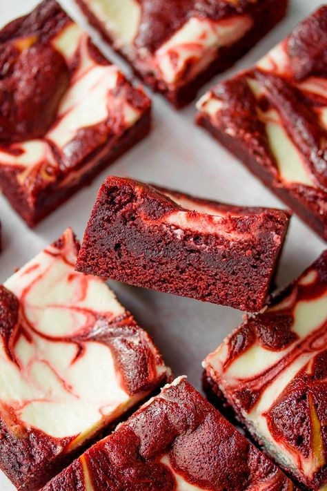 These fudgy brownies are perfect for chocolate lovers! Rich red velvet chocolate brownies get swirled with a tangy cheesecake for the ultimate dessert. Red Velvet Cheesecake Brownies, Velvet Brownies, Red Velvet Brownies, Velvet Cheesecake, Red Velvet Cheesecake, Cheesecake Brownies, Holiday Dessert, Vegan Sweets, Chocolate Brownies