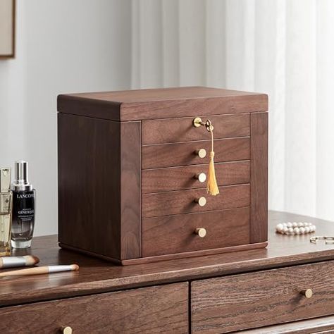 Amazon.com: Homruilink Black Walnut Jewelry Box for Women Classical Wooden with Two Side Doors 5-Layer Organizer with Mirror 5 Big Drawers Watch Necklace Ring Earring Easter Gifts : Clothing, Shoes & Jewelry Walnut Jewelry, Jewelry Box With Lock, Jewelry Tray Organizer, Wall Mount Jewelry Organizer, Side Doors, Earring Storage, Wooden Jewelry Box, Ring Earring, Classical Style