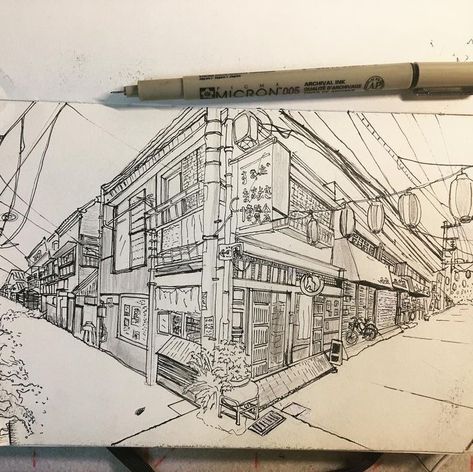 Two Point Perspective City, Fun Journal Ideas, 2 Point Perspective City, Aesthetic Perspective, 2 Point Perspective Drawing, Street Drawing, Drawing Perspective, 2 Point Perspective, Two Point Perspective