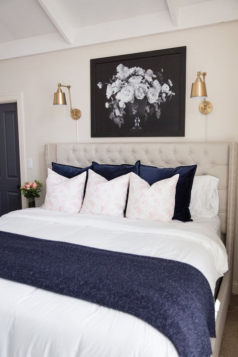 Love the sconces above the tufted headboard!    #bedroomdecor #masterbedroom #homedecor Sconces Over Bed, Sconces Above Bed, Above Headboard Decor, Bedroom Makeover Before And After, Headboard Decor, Wall Sconces Bedroom, Sconces Bedroom, Above Bed, Tufted Headboard