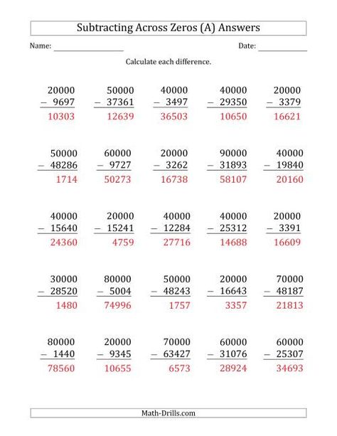 The Subtracting Across Zeros from Multiples of 10000 (A) math worksheet page 2 Subtracting Across Zeros, Maths Tips, Grade 5 Math Worksheets, Chemical And Physical Changes, Mental Maths Worksheets, Free Printable Kindergarten Worksheets, Subtraction With Regrouping, Free Printable Kindergarten, Printable Kindergarten Worksheets