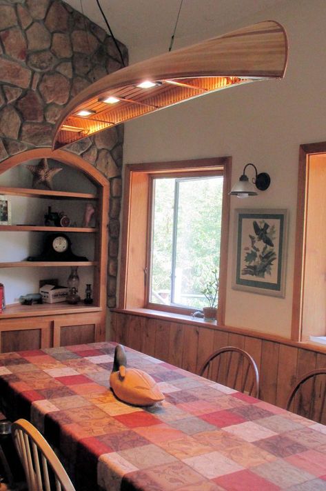 Canoe Chandelier | Home & Garden, Lamps, Lighting & Ceiling Fans, Chandeliers & Ceiling Fixtures | eBay! Boat Shelf, Mahogany Paneling, Boat House, Camp Ideas, Tiny House Movement, House Inside, River House, Beach House Decor, Beautiful Wall