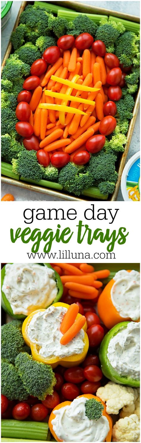 Easy Game Day Veggie Trays - perfect for any occasion or party! Football Stadium Veggie Tray, Veg Tray, Packer Party, Football Recipes, Snack Stadium, Superbowl Sunday, Football Parties, Football Ideas, Vegetable Tray