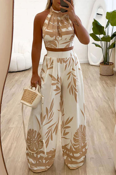 Casual Street Floral Print Lace Up Halter Sleeveless Two Pieces Sleeveless Suit, Two Piece Pants Set, White Dress Party, Printed Long Dresses, Prom Outfits, Striped Crop Top, Boho Print, Boho Casual, Casual Sets