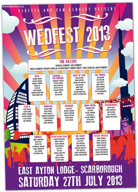 Summer Wedfest Dubai Themed Wedding Invites | WED FEST Rave Wedding, Wedding Table Plans, Music Festival Wedding, Wedding Table Themes, Wedding Table Seating Plan, Festival Themed Wedding, Wedding Table Seating, Wedding Table Names, Festival Bride