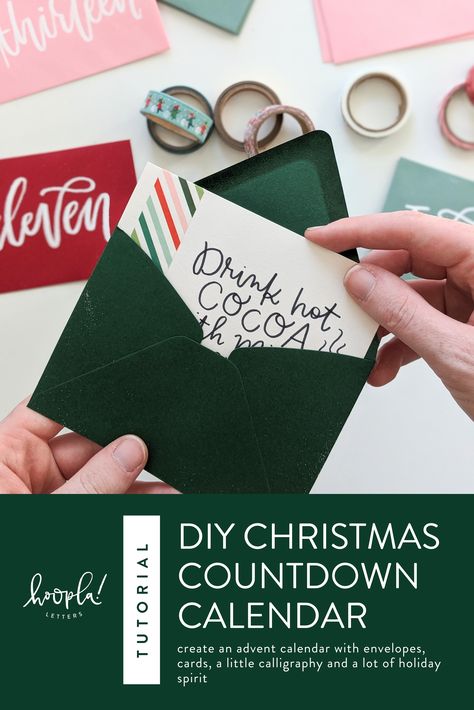 Create a super fun advent calendar with just a few envelopes & cards, a little calligraphy and a whole lotta holiday spirit! Diy Christmas Countdown Calendar, Calendar Calligraphy, Calligraphy Alphabet Tutorial, Advent Calendar Cards, Diy Christmas Countdown, Fun Advent Calendar, Chalkboard Template, Cool Advent Calendars, Christmas Countdown Diy