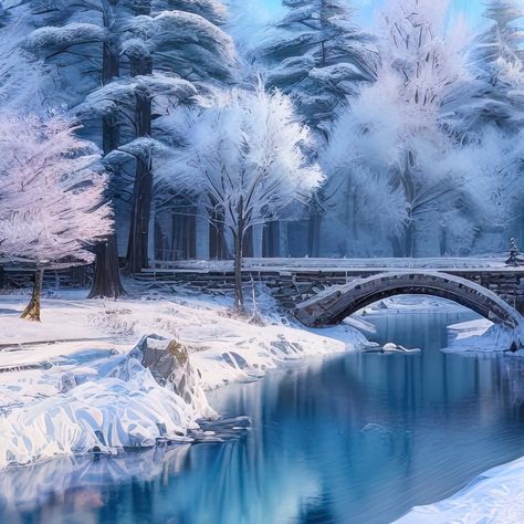 Immerse yourself in the tranquil beauty of winter with this digital artwork. The peaceful river flows gently beneath a snow-covered stone bridge, surrounded by trees draped in white. This serene winter landscape will transport you to a world of calm and relaxation. Snow Scenes Winter Landscape, Snowy Bridge, Winter Lovers, Beauty Of Winter, Pretty Paintings, River Forest, Snow Forest, Windows Wallpaper, Fantasy Background