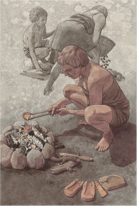 Historisk illustration Historische Illustration History illustration | bau.nu Human Evolution Tree, Paleolithic Period, Bronze Age Civilization, Paleolithic Era, Funny Art History, History Illustration, Bronze Casting, Illustration Human, Historical Illustration