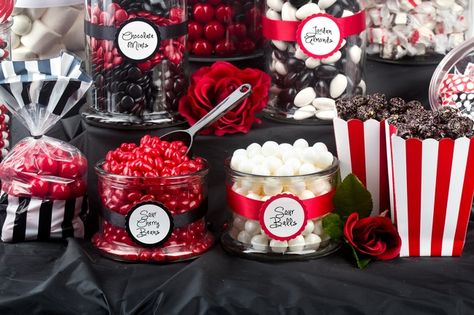 Red,Black & White Candy Buffet • Oh! Nuts® Red White Black Party Decorations, Red Carpet Candy Bar, Red White And Black Party Ideas, Red Candy Bar Ideas, Red And Black Candy Bar, Red Black And White Dessert Table, Red And Black Party Food, Casino Candy Bar, Black And Red Candy Table