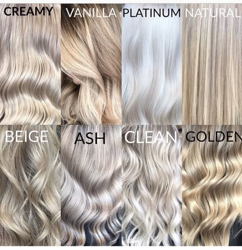 Blonde color terminology Creamy Hair Color Blondes, Blonde Hair And Highlights Light, Blonde Balayage For Cool Skin Tone, Types Of Platinum Blonde, Cool Toned Platinum Blonde Hair, Blonde Shades For Cool Skin Tones, Blonde Hair For Winter Skin Tone, Winter Blonde Hair Ideas, Cool Tones Blonde Hair