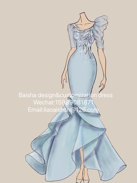 Party Dress Sketch, Evening Gown Sketch, Party Wear Dress Illustration, Fashion Illustration Dresses Gowns, Prom Dress Sketches Design, Wedding Gown Illustration, Niharika Jain, Party Wear Evening Gowns, Dress Illustration Design