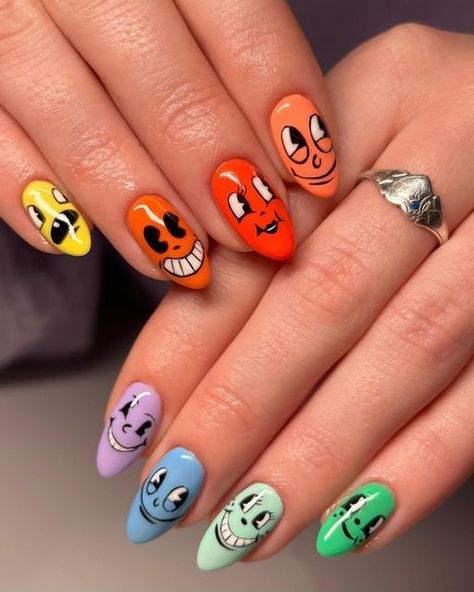 Nail Designs Crazy, Cheese Nails, Silly Nail Designs, Clown Design Nails, Silly Nail Art, Glitch Nails, Nails Acrylic Clown, Clown Gel Nails, Weird Nail Art