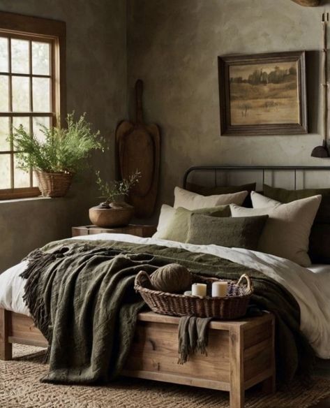 Earthy Bedroom Moody, Cozy King Size Bedroom Ideas, Dark Neutral Bedding Ideas, Khaki Comforter Bedroom Ideas, Wood Bedframe Bedroom Ideas Rustic, Organic Rustic Bedroom, Brown Bedspread Room Ideas, Earthy Guest Bedroom, Earthy Bedroom Decor Ideas