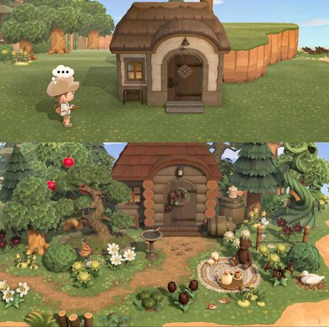 Acnh Yard Ideas, Cottagecore Animal Crossing, Acnh Cottagecore, Animal Crossing 3ds, Ac New Leaf, Little Forest, Forest Core, Animal Crossing Guide, Forest Cabin