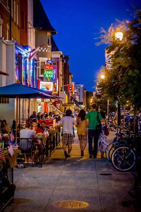 18th Street in Adams Morgan at night - Things to do in Washington, DC's Adams Morgan neighborhood Washington Dc Neighborhoods, Visit Dc, Sweet Home Design, Eclectic Dining, Washington Dc Travel, Dc Travel, National Mall, Men's Haircut, United States Travel