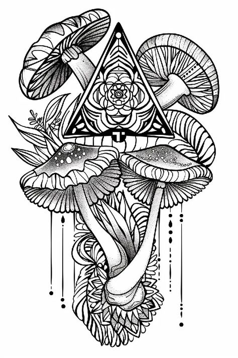 Tattoo idea: tattoo Button Mushrooms in triangle 1 1 Crystals Tattoo, Symmetrical Tattoo, Mushroom Tattoo, Angry Animals, Idea Tattoo, Japanese Pagoda, Palm Tattoos, Mushroom Tattoos, New Tattoo Designs