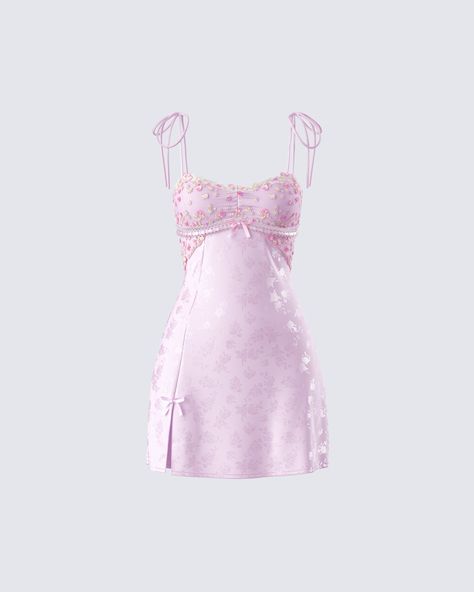 Very demure… very cutesy 🎀 Made from jacquard fabric and embroidered mesh, this pink mini slip dress is complete with a satin ribbon and lace trim for a look that will bring out your sweet side in all the best ways possible 😌 Mini Party Dress Outfit, Y2k Satin Dress, Slip Dresses Short, Pastel Lace Dress, Pink Lace Mini Dress, Windor Dresses, Pearl Hoco Dress, Casual Mini Dresses, 2000s Fancy Dress