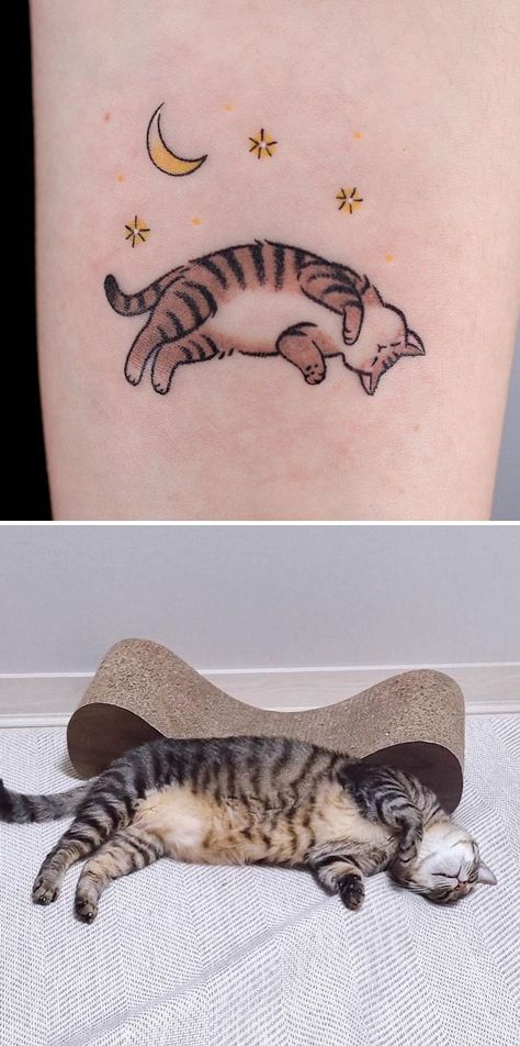 Silly Cat Tattoo Ideas, Two Cats Tattoo Designs, Small Tabby Cat Tattoo, Cool Cat Tattoo Ideas, Cat Tattoo Colorful, Brown Cat Tattoo, Tiger Cat Tattoo, Creative Cat Tattoo, Tiny Pet Tattoos