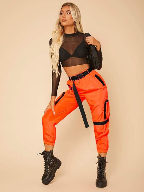 Free Returns ✓ Free Shipping On Orders $49+ ✓. SHEIN PETITE Neon Orange Buckle Belt Capris Cargo Pants- Women Pants at SHEIN. Cargo Pant Rave Outfit, Neon Orange Pants Outfit, Orange And Black Rave Outfit, Neon Orange And Black Outfit, Rave Outfits Cargo Pants, Neon Orange Rave Outfit, Rave Cargo Pants Outfit, Festival Cargo Pants Outfit, Sporty Rave Outfit