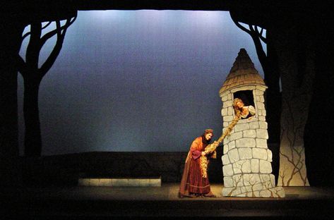 Rapunzel in her tower Into The Woods Musical Set Design, Into The Woods Set Design, Into The Woods Jr, Into The Woods Set, Into The Woods Musical, Rapunzel's Tower, Shrek Jr, Phantom Tollbooth, Woods Painting