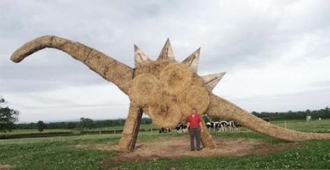 Dinosaur made from Hay Bales Haybale Gardening, Hay Bale Decorations, Straw Sculpture, Hay Bale Art, Horse Hay, Rabbit Sculpture, Hay Design, Hay Bales, Farm Art