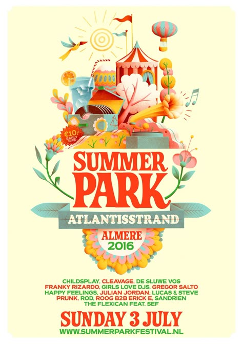 Artwork for a new festival in Almere, a city close by Amsterdam in the Netherlands. Because this is the first year of the festival, we tried to make an inviting image that could not be mistaken for anything else than a summer Festival poster. The image wa… Summer Festival Illustration, Festival Artwork, Festival Poster Design, Festival Flyer, Music Festival Poster, Summer Poster, Event Poster Design, Simple Designs To Draw, Festival Poster