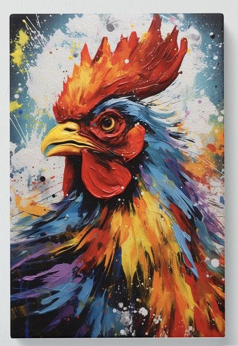 Abstract Rooster Painting, Rooster Painting Acrylic Easy, Chicken Painting Acrylic, Sip N Paint Ideas, Acrylic Art Ideas, Rooster Artwork, Protea Art, Chicken Kitchen, Rooster Painting