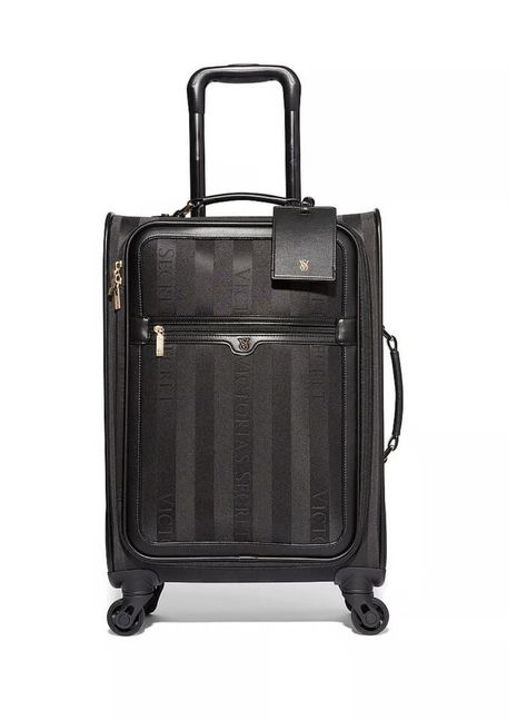 Victoria’s Secret Iconic Pink Stripe Carry On Wheelie Luggage - Black Victoria Secret Suitcase, Victoria Secret Luggage, Luggage Black, Multiple Outfits, Carry On Suitcase, Side Wall, Flip Flop Slippers, Victoria Secrets, Luggage Sets