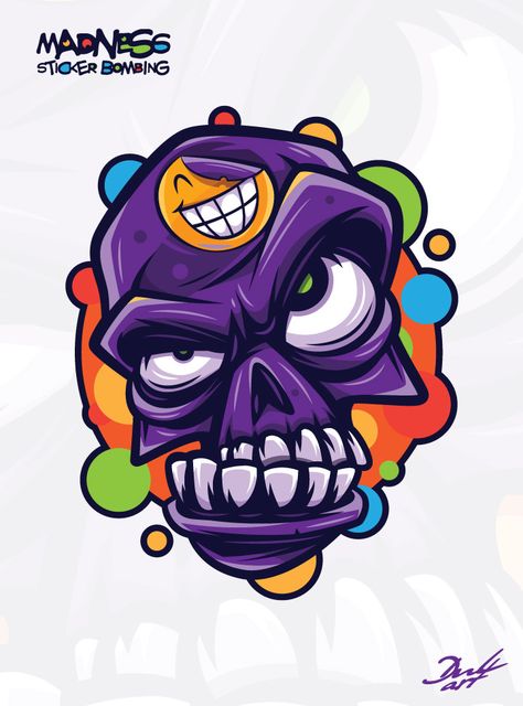 Madness sticker bombing, Yaroslav Slavinskiy on ArtStation at https://www.artstation.com/artwork/XBeVkL Designer Graphic Tees, Skull Art Drawing, Sticker Bomb, Graffiti Characters, Graffiti Cartoons, New School Tattoo, Dope Cartoon Art, Face Stickers, Shirt Print Design