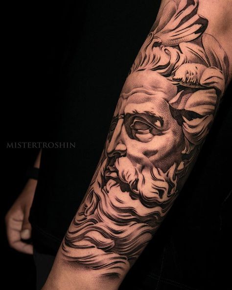 Dmitry Troshin on Instagram: “It’s been a while 😅 . Powered by @bishoprotary #bishoprotary #bishoptattoosupply #nocturnalink #davincineedles #inkeeze #la #ca…” Angel Sleeve Tattoo, Poseidon Tattoo, Zeus Tattoo, Inner Bicep Tattoo, Forearm Tattoo Design, Greek Mythology Tattoos, Forarm Tattoos, Men Tattoos Arm Sleeve, Forearm Sleeve Tattoos