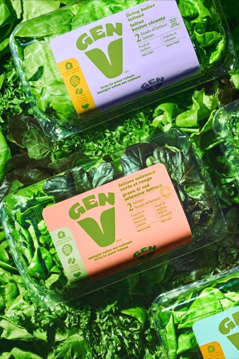 The Quebec-based hydroponic lettuce and organic vegetable producer GEN V worked with Reumont Design to redesign their packaging system. The result is a bold and vibrant design style full of unexpected colors for the category. Eating your greens has never been this fun. Packaging Vegetables, Vegan Food Packaging, Supermarket Packaging, Lettuce Packaging, Plant Based Products, Agriculture Brand Identity, Fun Food Packaging, Grocery Packaging, Organic Food Packaging Design