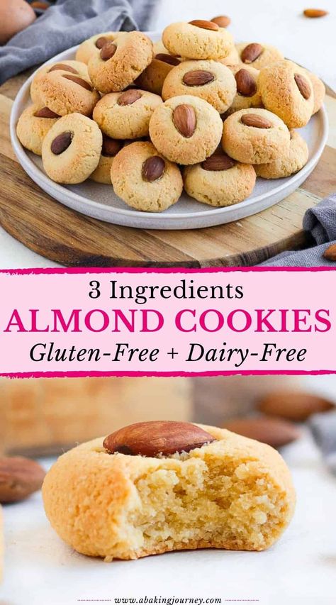 This Dairy-Free and Gluten-Free Almond Cookie Recipe is made with 3 Ingredients only. They are a great Passover Cookie Recipe to be enjoyed all year round, whether you love almonds or are just looking for a gluten free cookie recipe. Perfectly suited for people with food allergies, these dairy free cookies are a deliciously easy and quick sweet treat recipe that will be ready in 30 minutes and only require 3 ingredients! Gluten Free Dairy Free Sweets, Gluten Free Amaretti Cookies, Simple Almond Cookies, Passover Baking Recipes, Gf Dairy Free Cookies, Gluten Free Almond Cookies Recipe, Gluten Free Cookie Recipes Almond Flour, Gluten And Dairy Free Baking Recipes, Flourless Almond Cookies