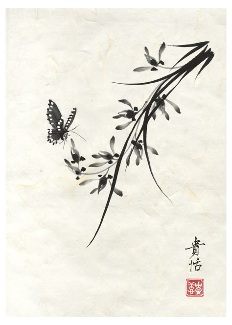 Chinese Orchid, Chinese Ink Art, Chinese Ink Painting Tattoo, Chinese Floral Painting, Traditional Korean Ink Painting, Traditional Chinese Ink Painting, Orchids Painting, Orchid Tattoo, Minimal Tattoo Design