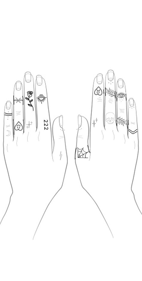 Finger Tattoos Template, Finger Sleeve Tattoo, Hand Drawing Tattoo Ideas, Things To Doodle On Your Hand, Hand Tattoo Template, Easy Finger Tattoos, Minimal Hand Tattoo, Goth Finger Tattoos, Finger Tattoo Stencil